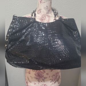Glossy Black Crocodile-Patterned Shoulder Bag